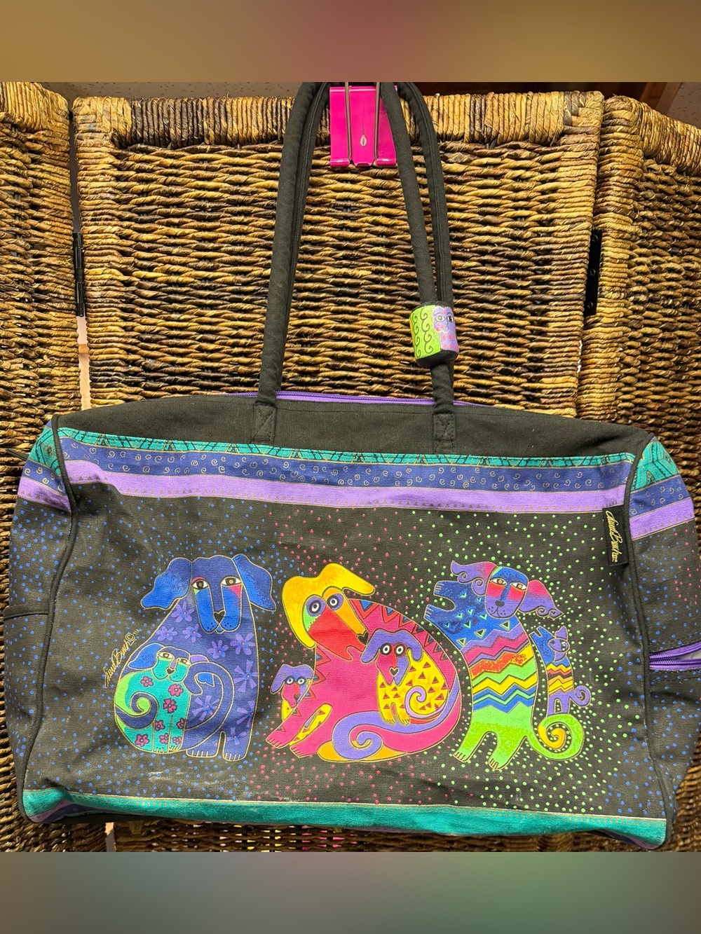 Laurel‎ Burch-Colorful Patchwork Dogs Duffle Bag - Black & Multicolor